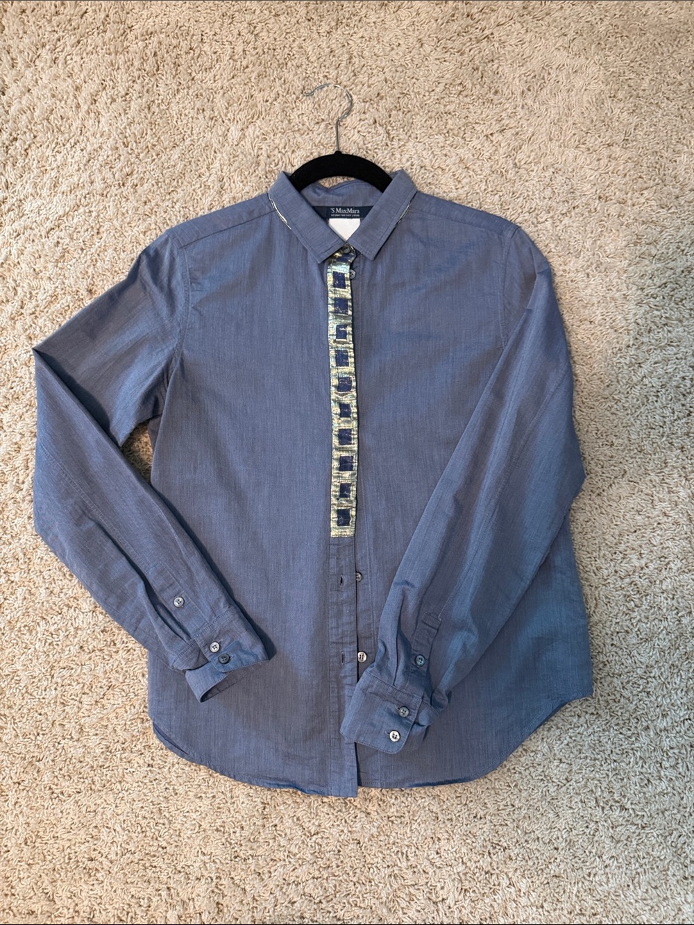 A’ MAX MARA Blue Button-Down Shirt with Decorative Gold Placket